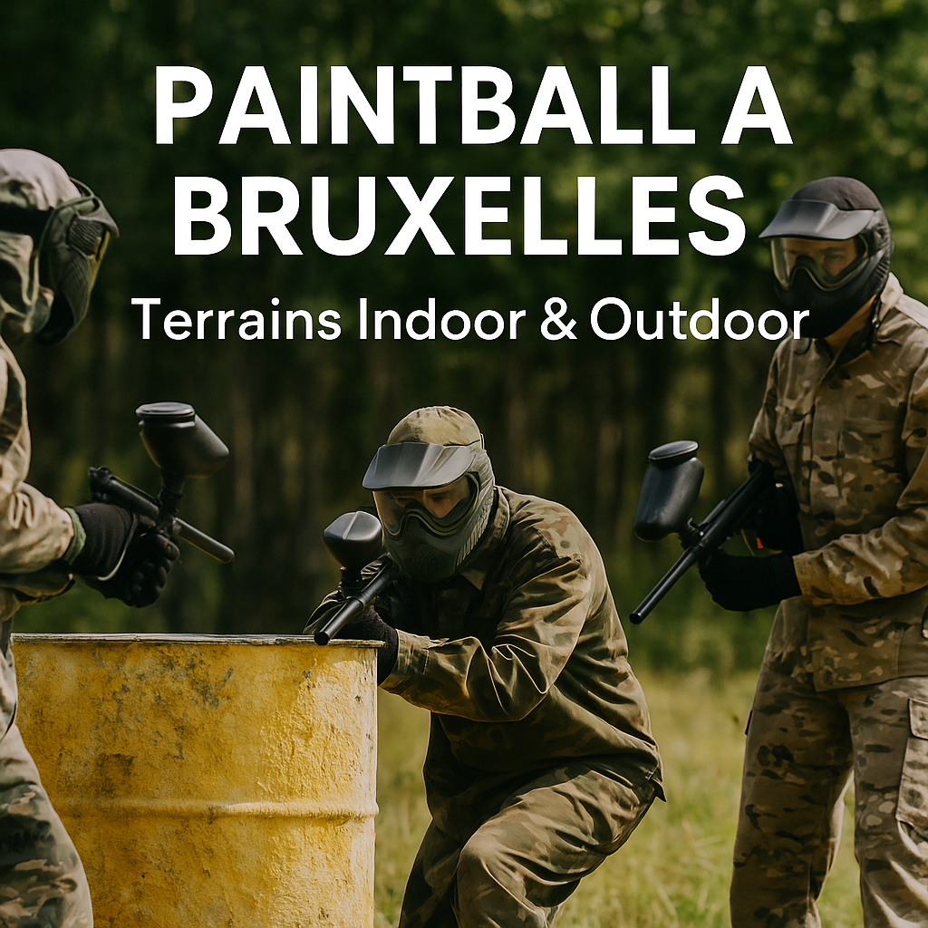Joueurs de paintball à Bruxelles en tenue de camouflage, en pleine action sur un terrain outdoor avec la promotion des terrains indoor et outdoor.